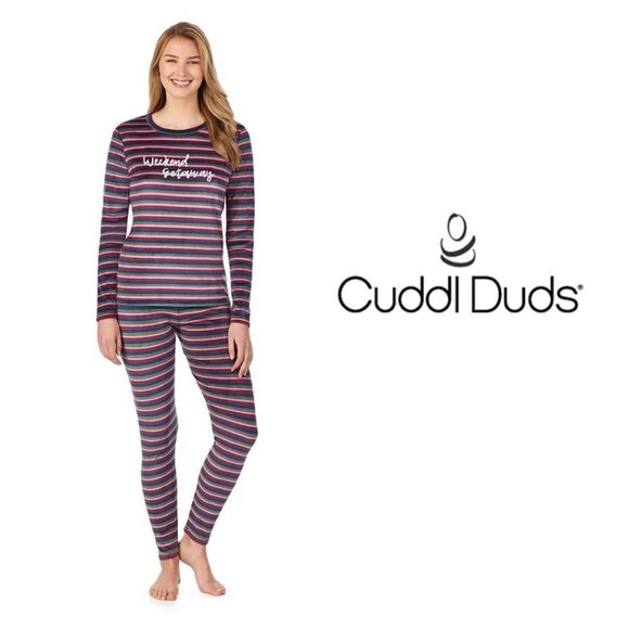 Cuddl Duds Womens Purple Striped Long Sleeve Cozy Pajamas 2 Pc Sets Sz M New - Picture 8 of 9